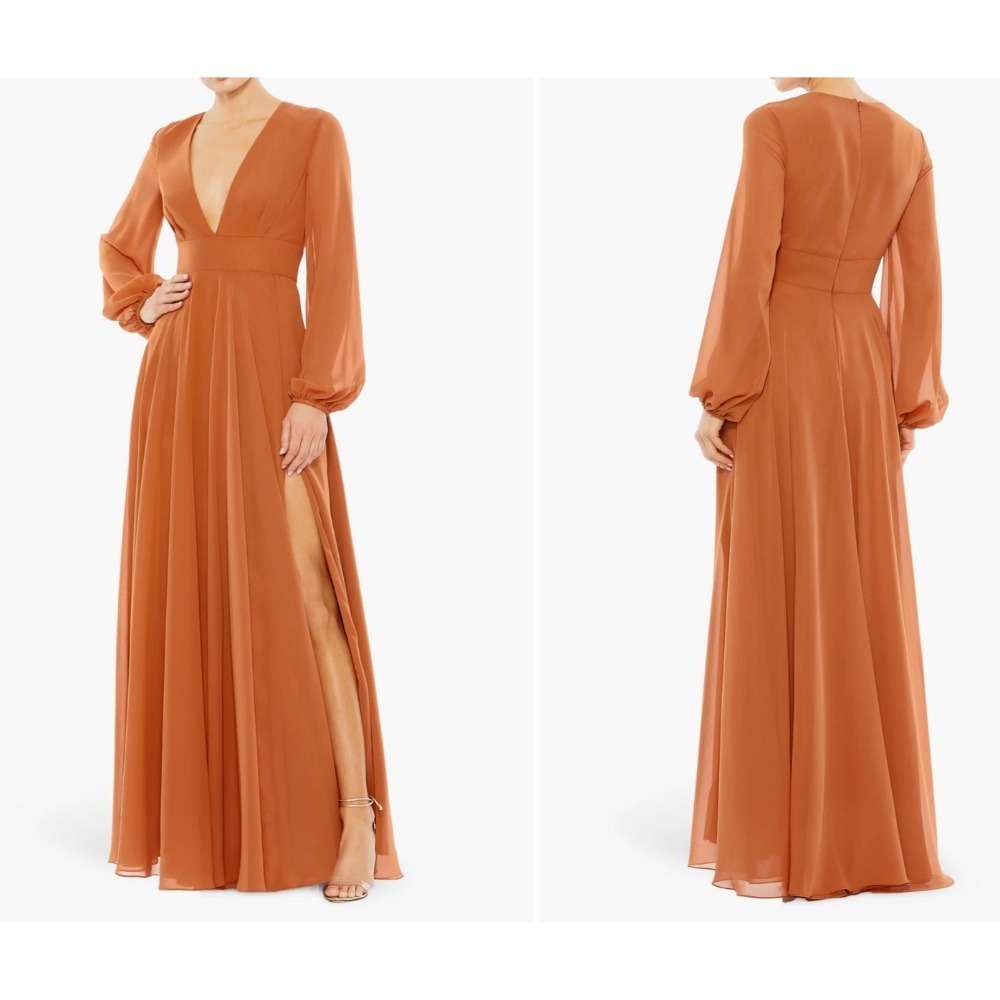 Ieena for Mac Duggal New Long Sleeve Chiffon Gown Terra‎ Cotta Size 6 MSRP $398